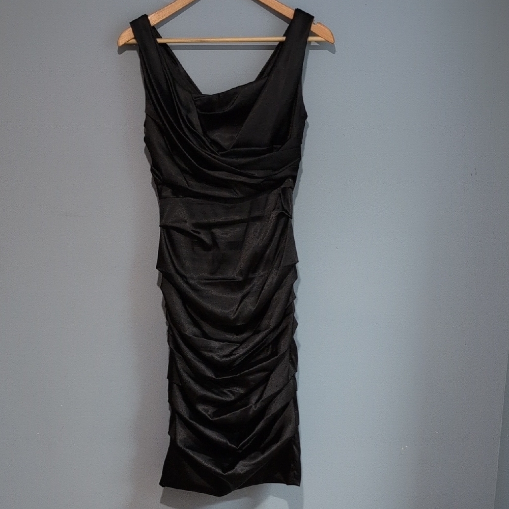 Le Chateau Black Ruched Satin Midi Dress